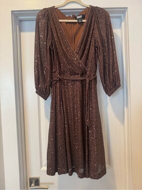 DKNY Chocolate Sequin Wrap Midi Dress